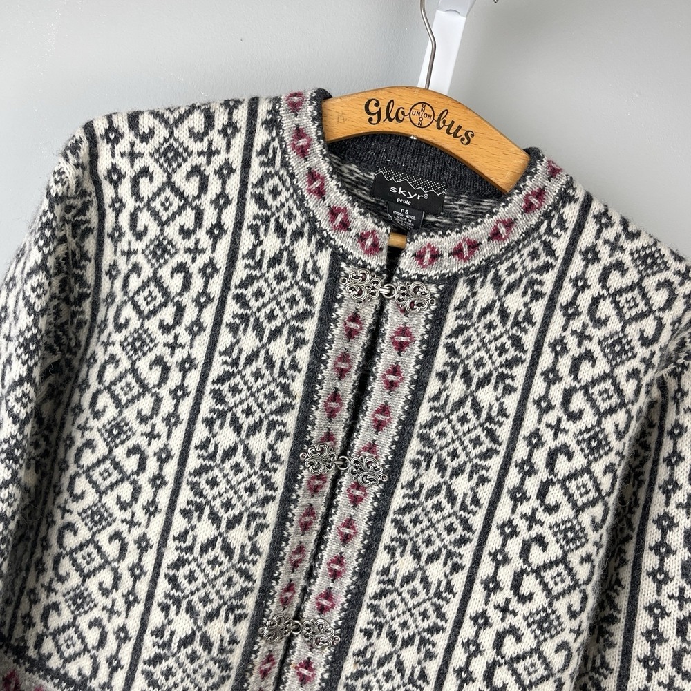Skyr Fair Isle Nordic Cardigan Sweater Womens SP Small Petite Vintage 100% Wool